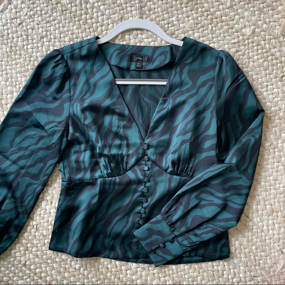 Jcrew zebra print satin shirt teal and black
